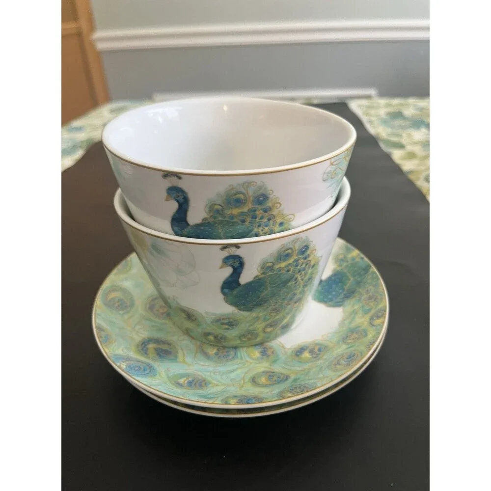 Lakshmi Turquoise Teal Gold Peacock Feathers Bowls Plates  222 Fifth 4pc
